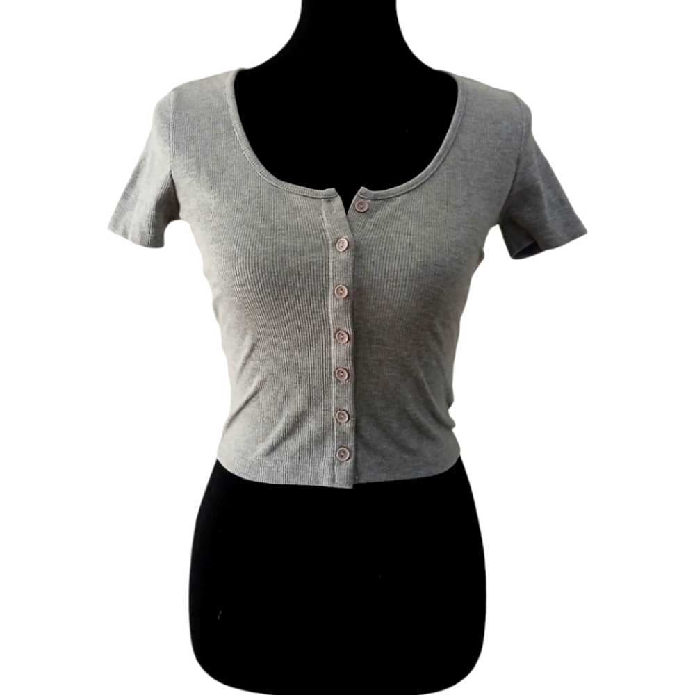 Button Down Short Sleeve Crop Top Size S Heather Grey Ribbed Cropped Shirt Basic